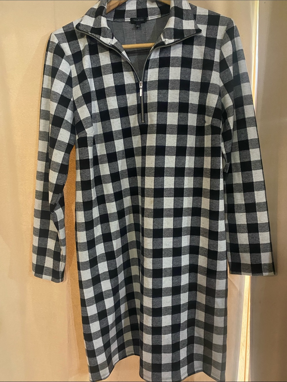 Talbots black and white buffalo plaid quarter-zip shift dress